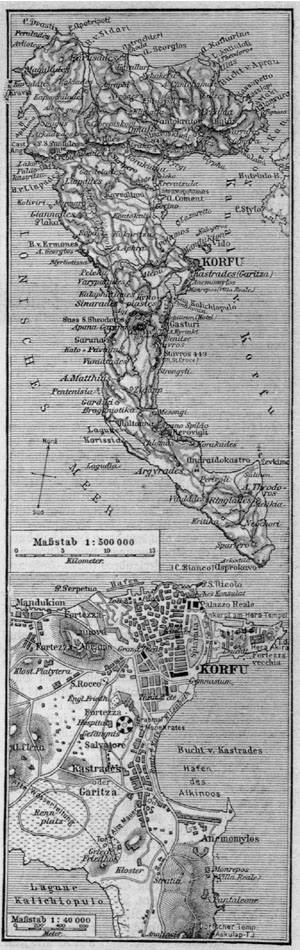 Karte der Insel und Plan der Stadt Korfu.