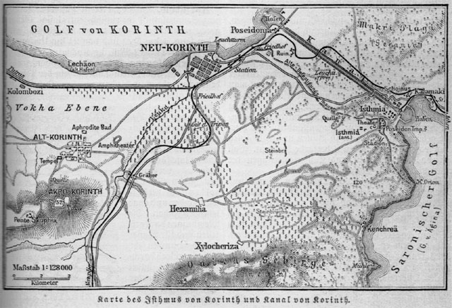 Karte des Isthmus von Korinth und Kanal von Korinth.